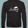 sweat-noir-lo-papet Sweat noir homme illustration blanche "lo papet" avec moustache et béret.