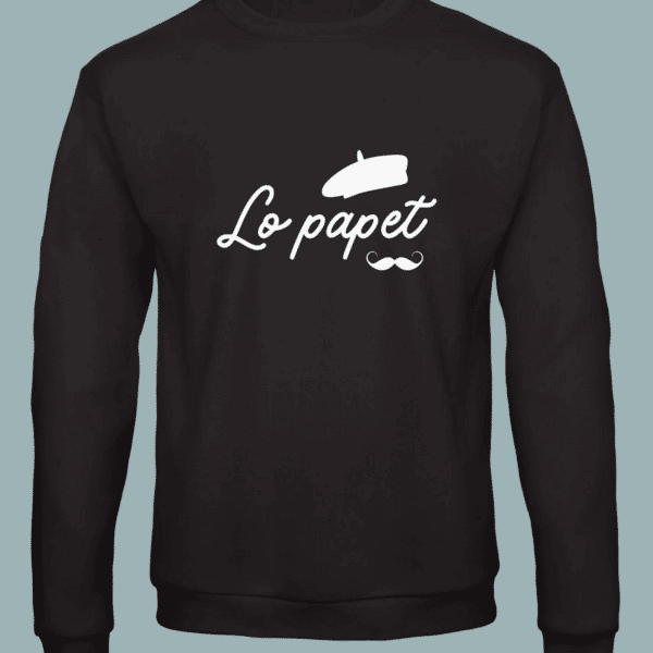 Sweat noir homme illustration blanche "lo papet" avec moustache et béret.