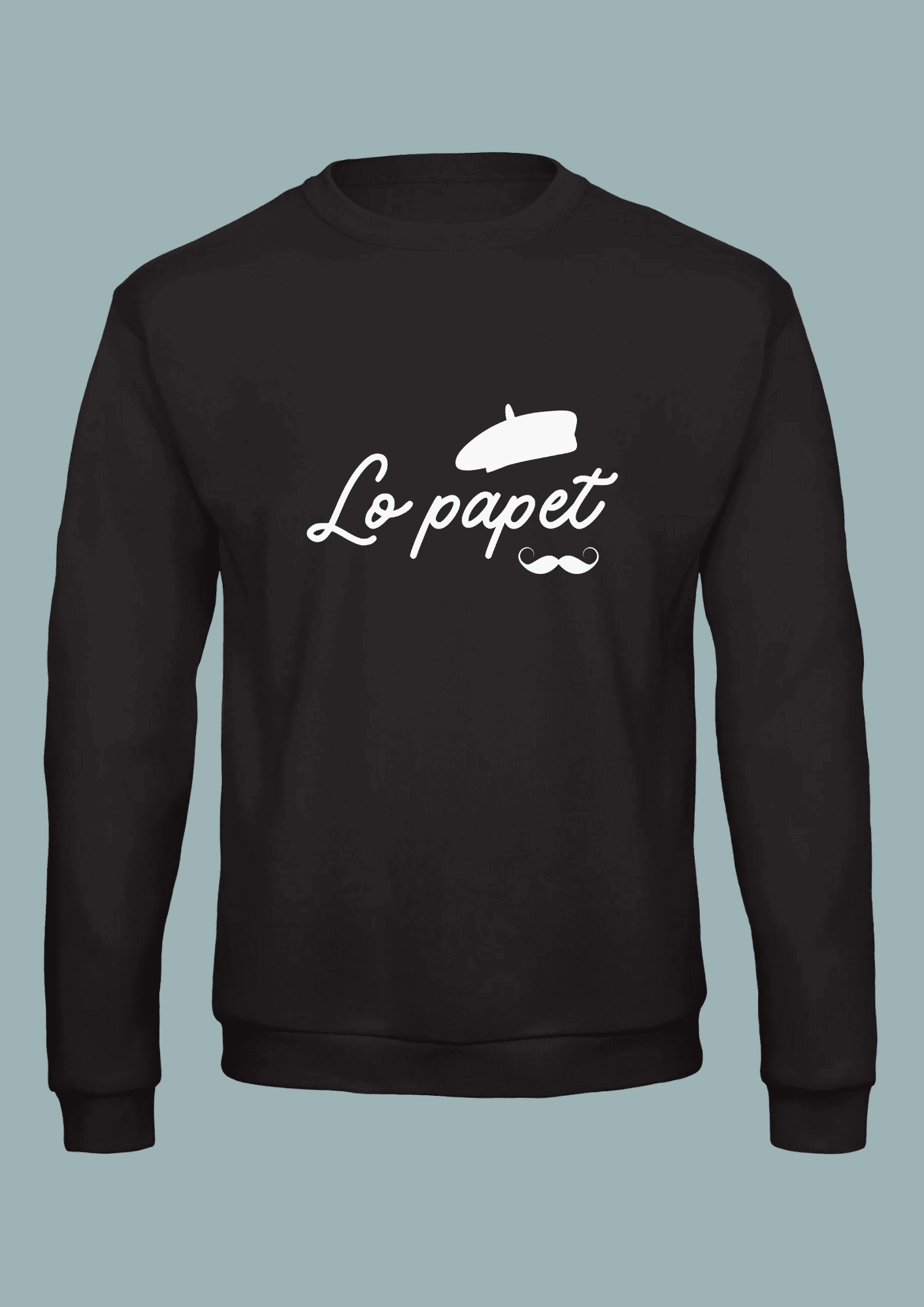 Sweat noir homme illustration blanche "lo papet" avec moustache et béret.