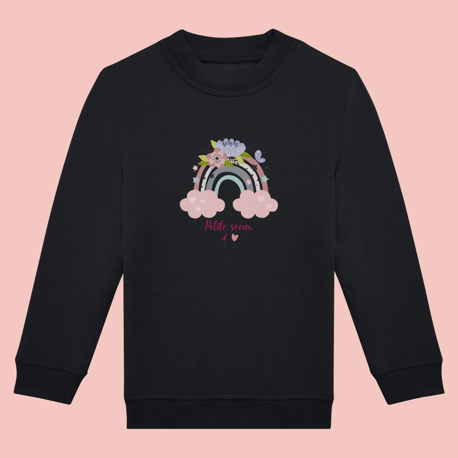 sweat-noit-petite-soeur Sweat noir enfant illustration " petite soeur d'amour" arc en ciel.