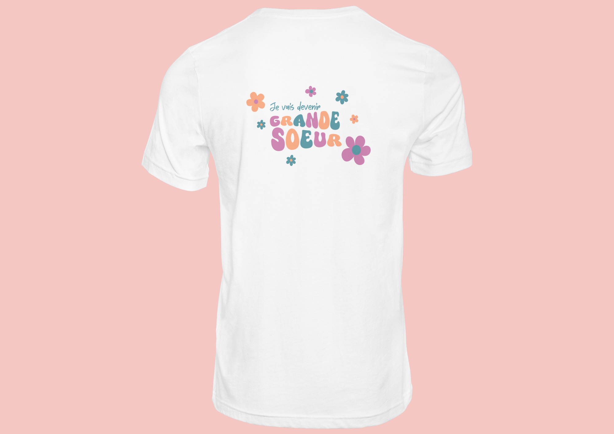 t-shirt-blanc-grande-soeur T-shirt blanc enfant dos illustration "je vais devenir grande sœur" rose bleu et orange