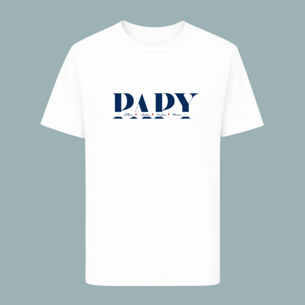 T-shirt homme blanc illustration "papy" avec à l'intérieur les prénoms des petits enfants et étoiles rouge.