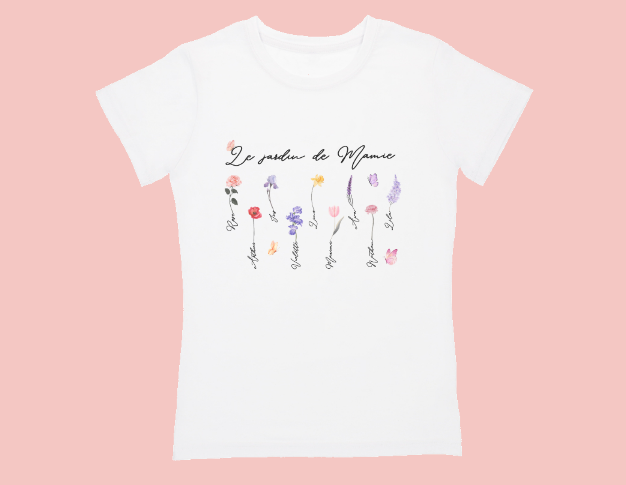 t-shirts-blanc-jardin-de-mamie-neufs-papillons T-shirt le jardin de mamie, fleurs et prénoms jusqu'à 9 avec papillons