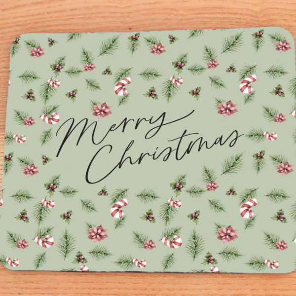 Tapis de souris vert clair esprit de noël cane à sucre sapins et inscription "merry christmas" noir.