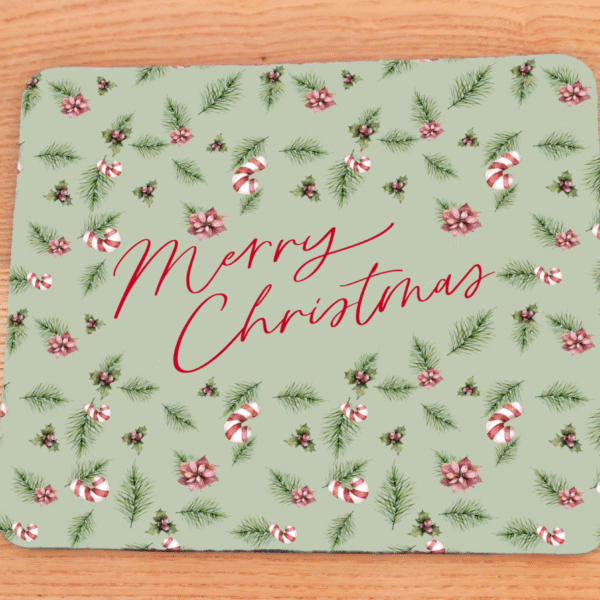 tapis-souris-good-vibes-gingerbread-rouge Tapis de souris vert clair esprit de noël cane à sucre sapins et inscription "merry christmas"rouge.