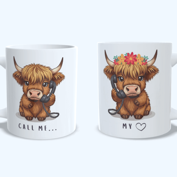 Mug vache highland téléphone et fleur