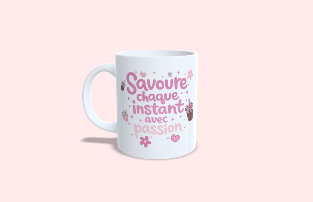 Mug inscription rose "savour chaque instant avec passion" petite déco, coeurs, fraises, fleurs, étoiles, café.