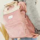 Sac à dos modèle Ava, en velours côtelé vieux rose et intérieur bleu foncé à petites fleurs