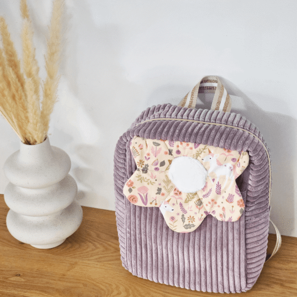 Sac à dos enfants modèle Iris, en velours côtelé violet et intérieur coton licornes