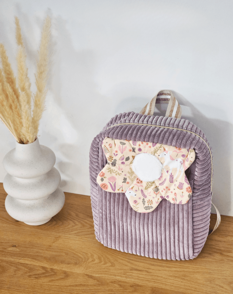 Sac à dos enfants modèle Iris, en velours côtelé violet et intérieur coton licornes