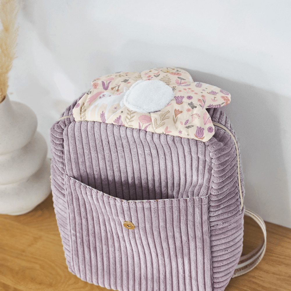 Sac à dos enfants modèle Iris, en velours côtelé violet et intérieur coton licornes
