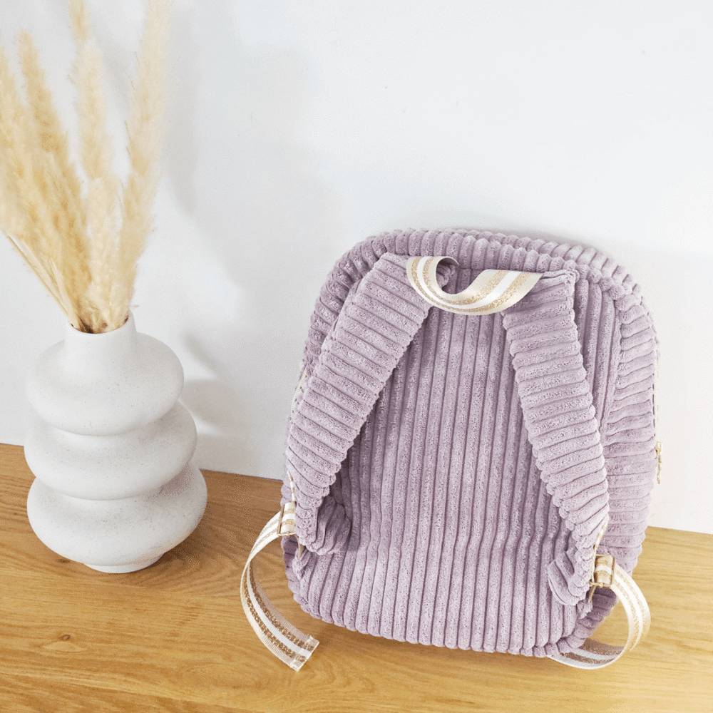 Sac à dos enfants modèle Iris, en velours côtelé violet et intérieur coton licornes