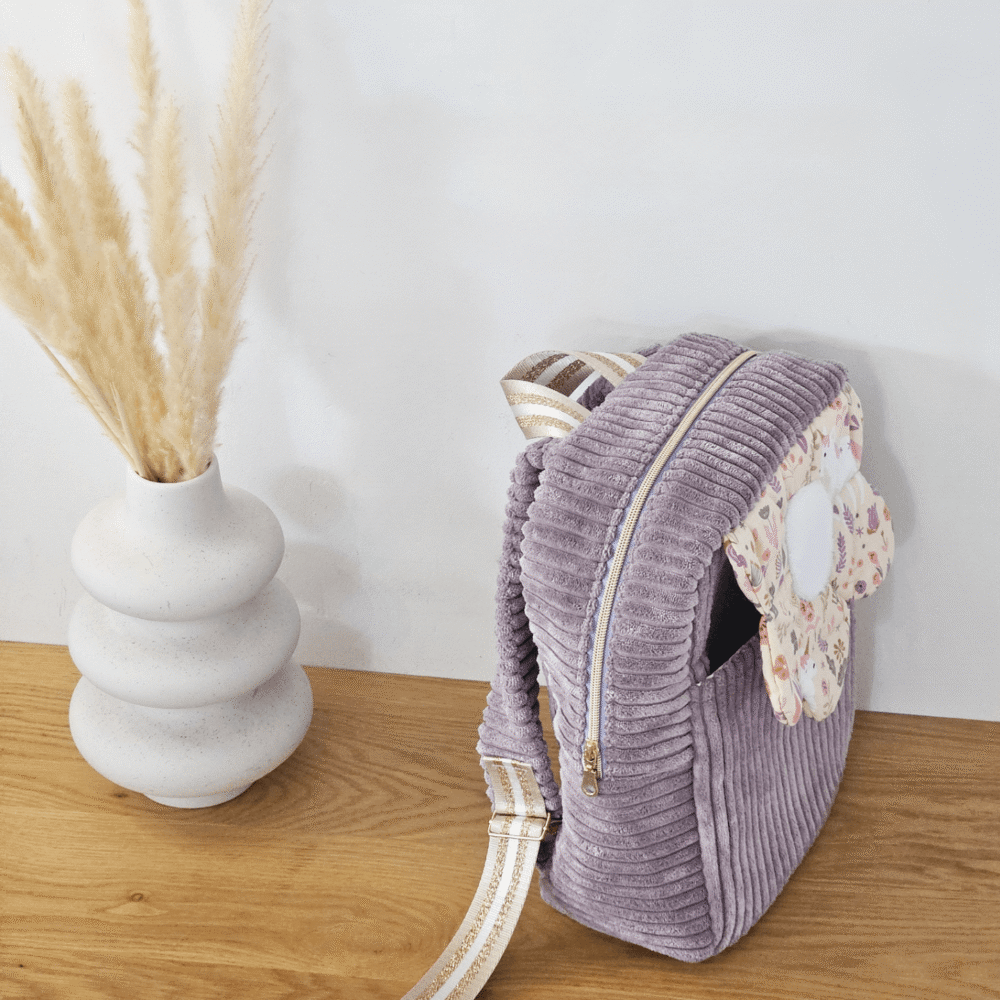 Sac à dos enfants modèle Iris, en velours côtelé violet et intérieur coton licornes