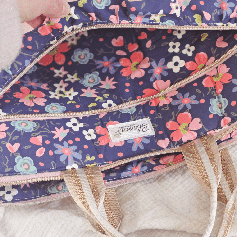 Housse d'ordinateur portable/laptop en velours côtelé rose et coton bleu à fleurs