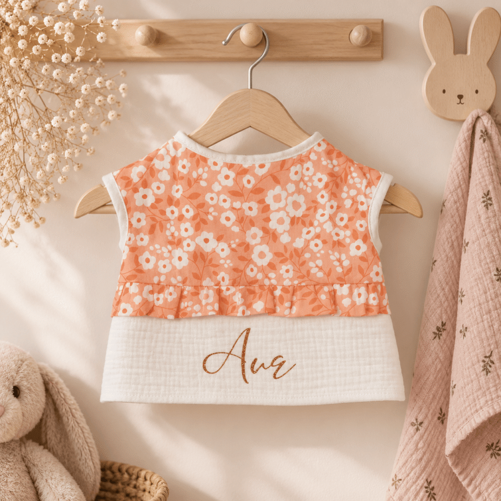 Bavoir couvrant orange et blanc à petites fleurs sur porte manteau