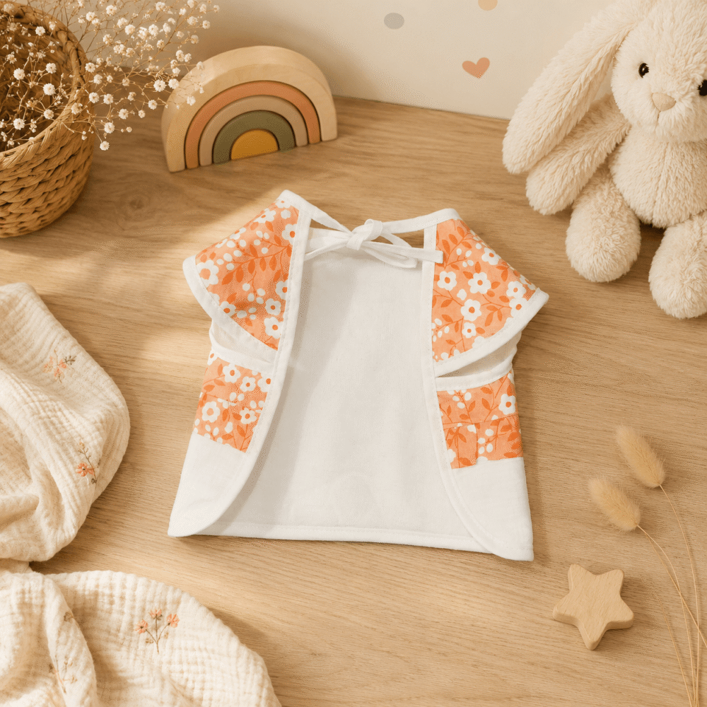 Bavoir couvrant orange et blanc à petites fleurs de dos avec tissus éponge bambou blanc