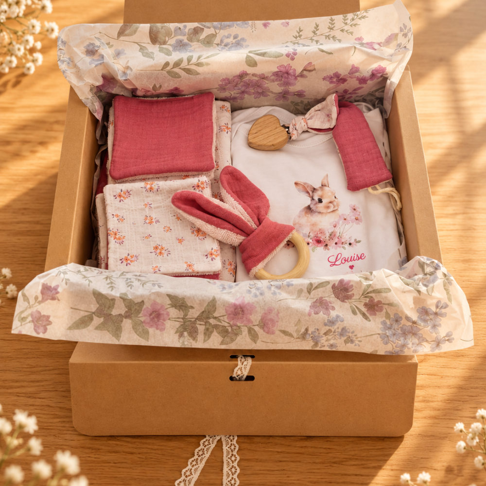 Photo de différents articles bébé à offrir dans coffret cadeau