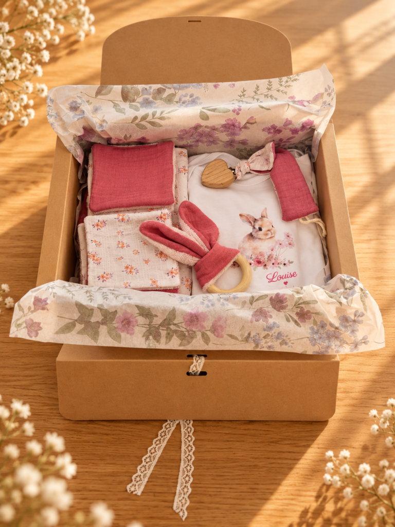 Photo de différents articles bébé à offrir dans coffret cadeau